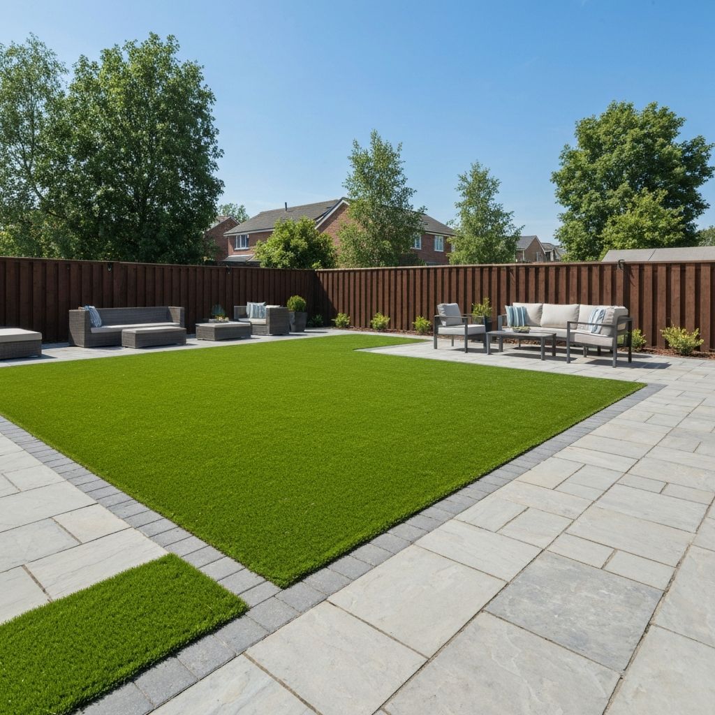 Completed backyard with artificial turf and paver patio