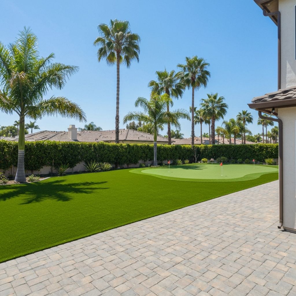 Beautiful backyard with artificial turf and paver patio